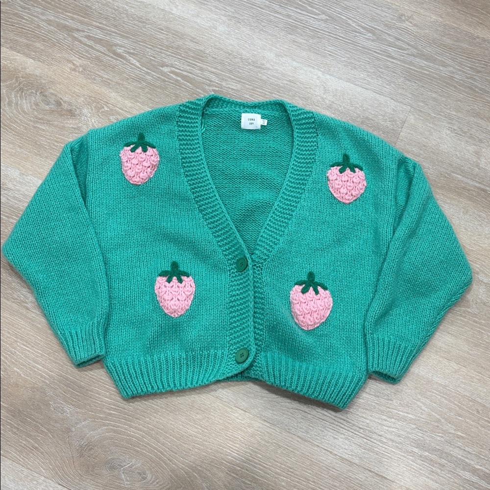 Luna Ivy Green Strawberry Cardigan Sweater Size XS
